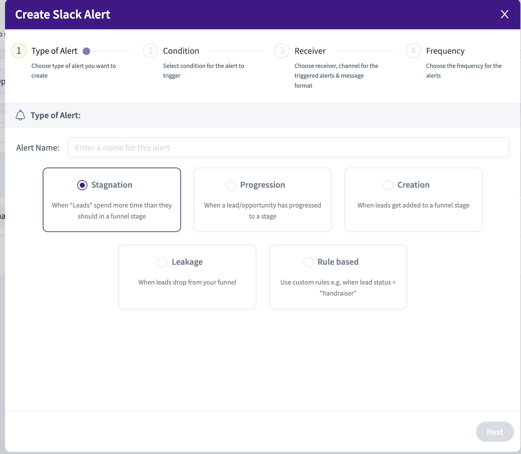 Creating a Slack alert with options for type, condition, receiver, and frequency.